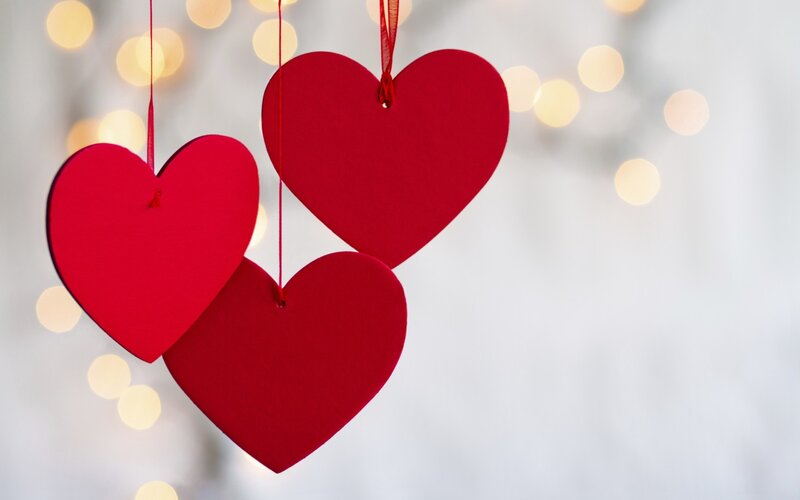 Red Heart Ornaments — Festive, Photograph, String, Bokeh Lights