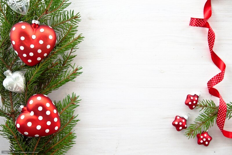 Red Heart Ornaments — Festive, Winter, Photograph, Pine Branches