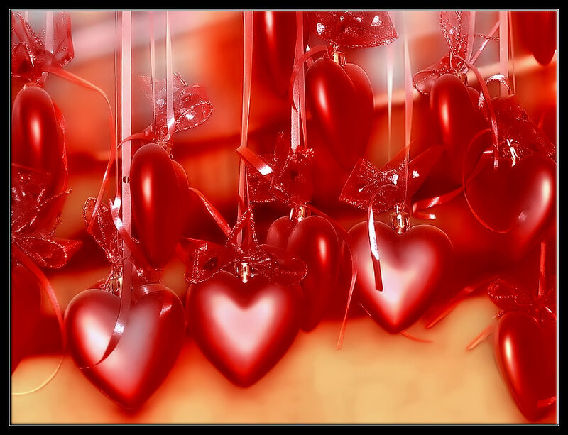 Red heart ornaments hanging