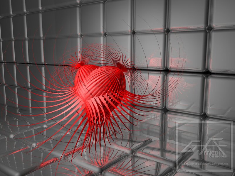 Red heart sculpture on tiled wall