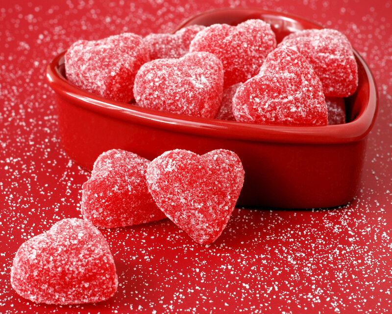 Red heart-shaped candies