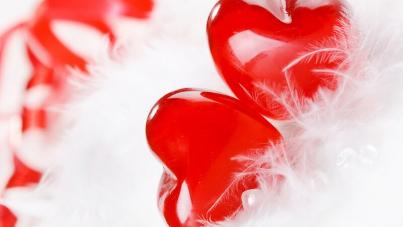 Red Heart-shaped Objects — Romantic, Photograph, Feathers, White Background