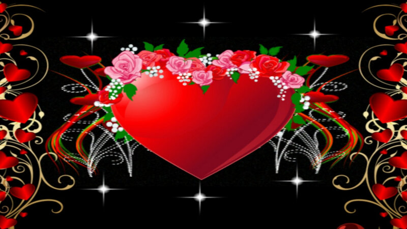 Red Heart with Flowers — Black