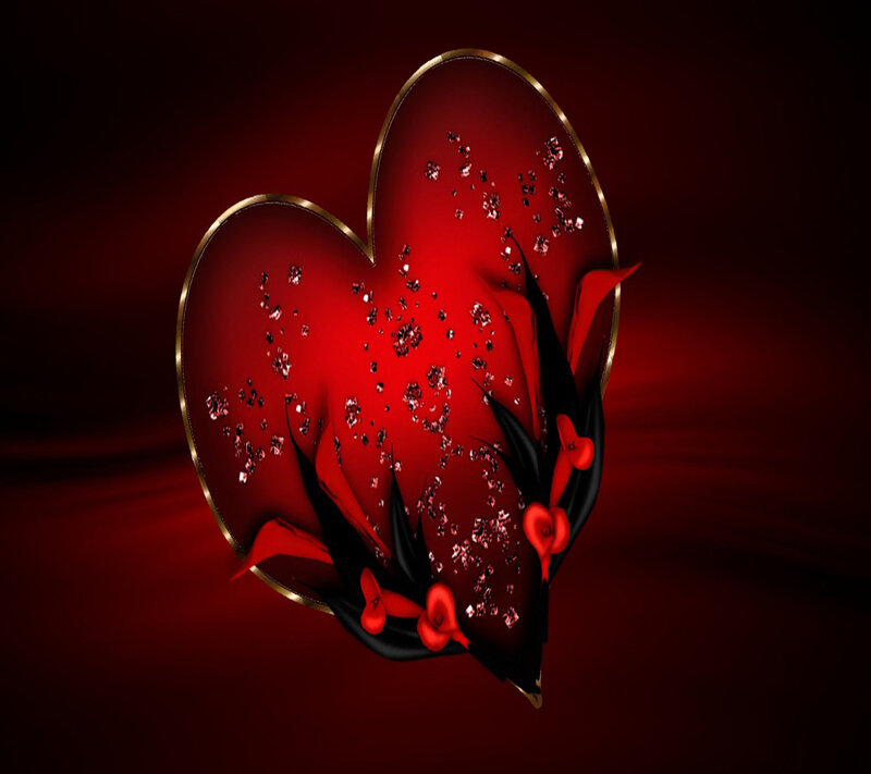 Red Heart with Flowers — Dramatic, Digital Art, Gold Outline