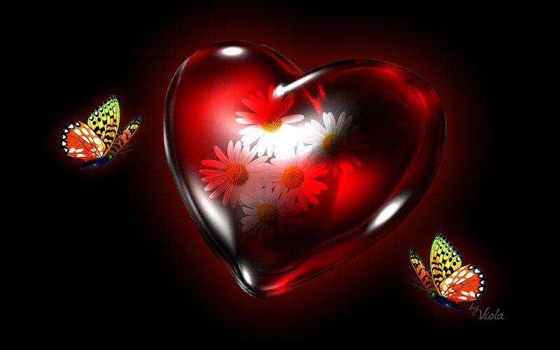 Red Heart with Flowers — Romantic, Night