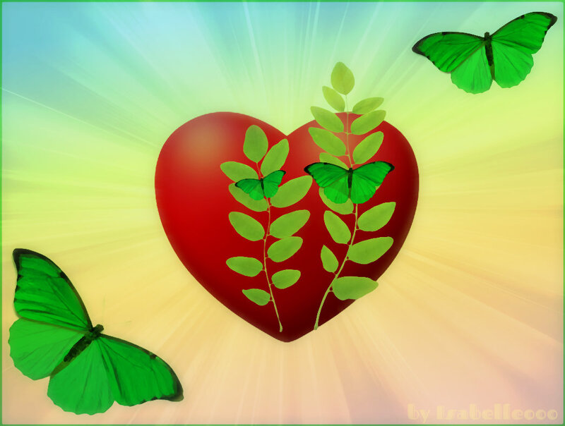 Red Heart with Green Butterflies