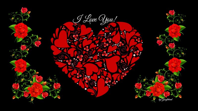 Red Heart with Roses — Black, Romantic, Digital Art