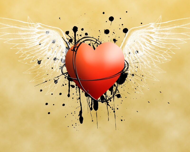 Red Heart with Wings — Dramatic, Digital Art, Black Splatters