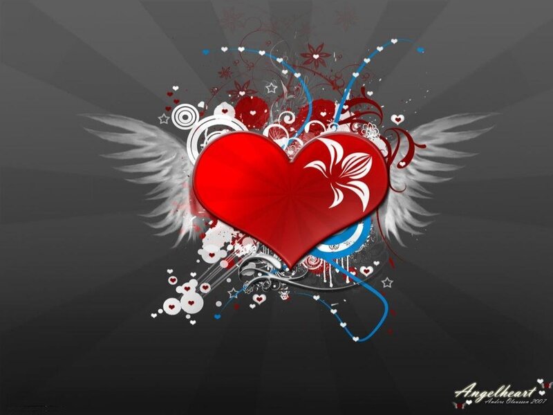 Red Heart with Wings — Dramatic, Digital Art, Flowers, Stars, White, Black