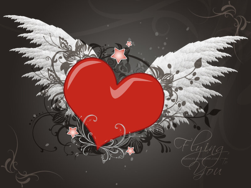 Red Heart with Wings — Romantic, Digital Art, Stars, Floral Patterns