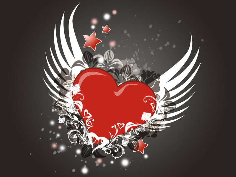 Red Heart with Wings — Romantic, Digital Art, Stars, Floral Patterns, White