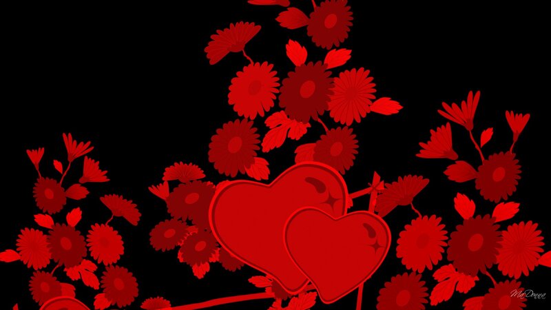 Red Hearts and Flowers — Romantic, Vector Art