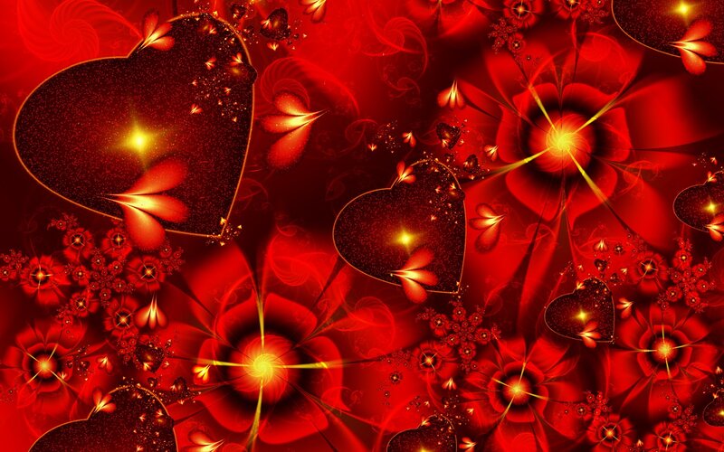 Red hearts and fractal flowers
