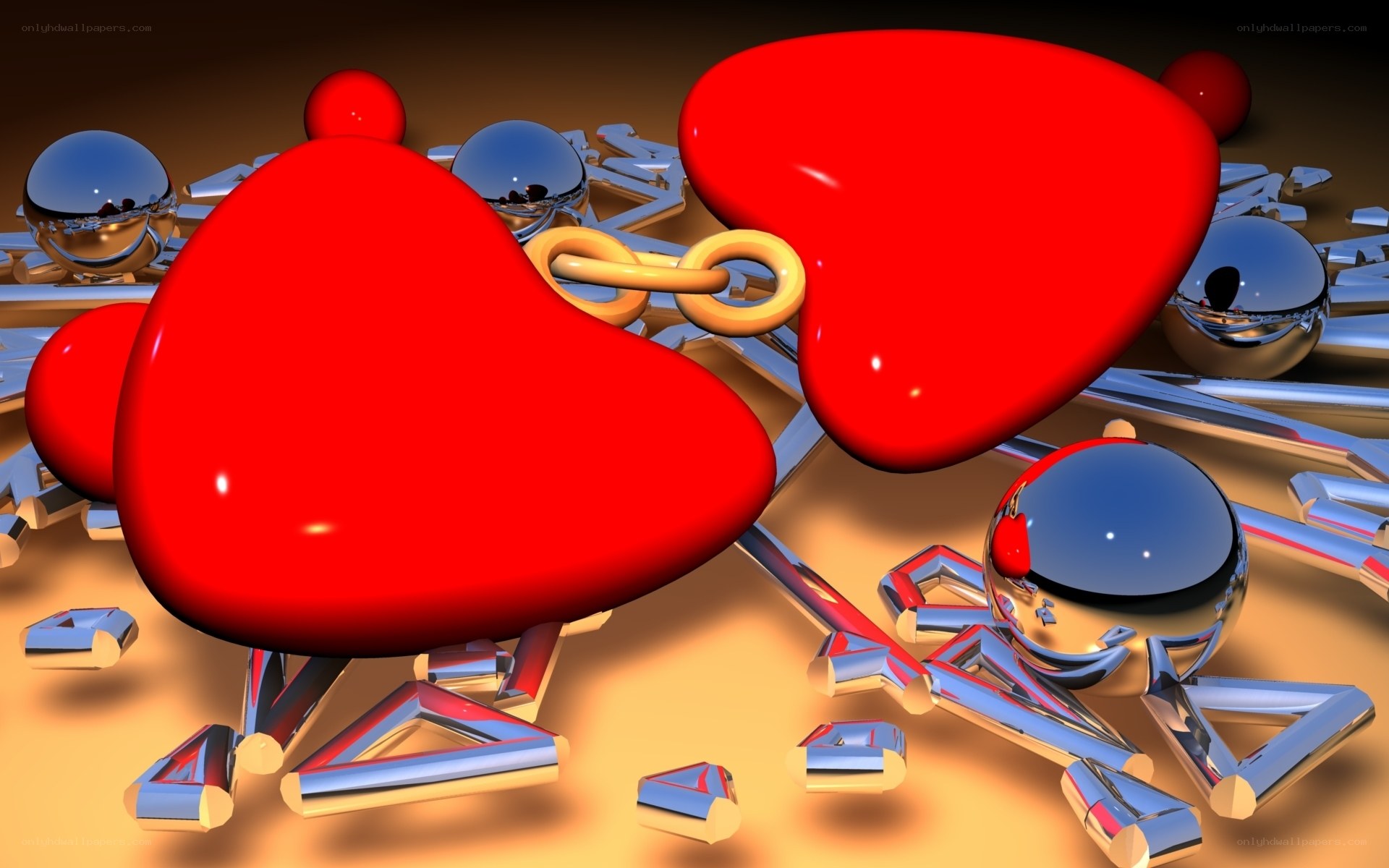 Red hearts and metallic spheres
