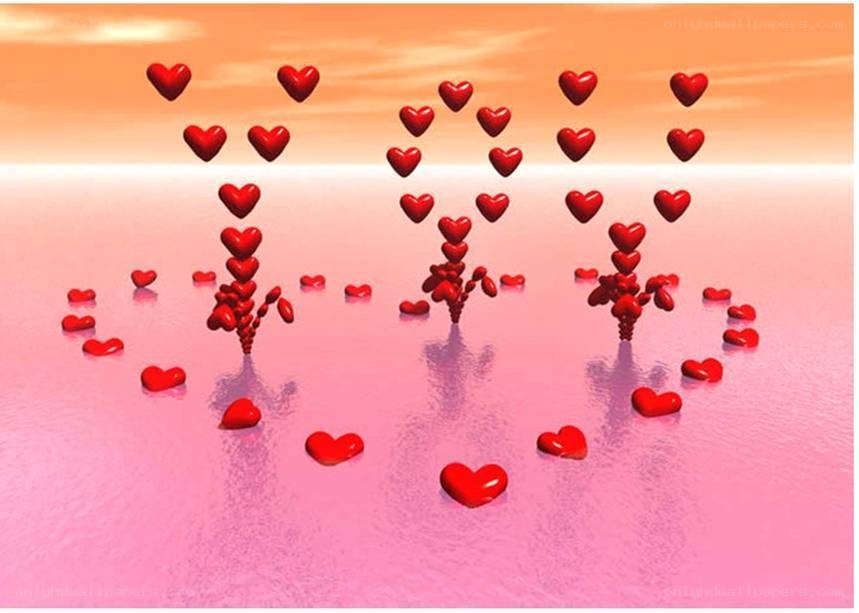 Red hearts floating on pink water