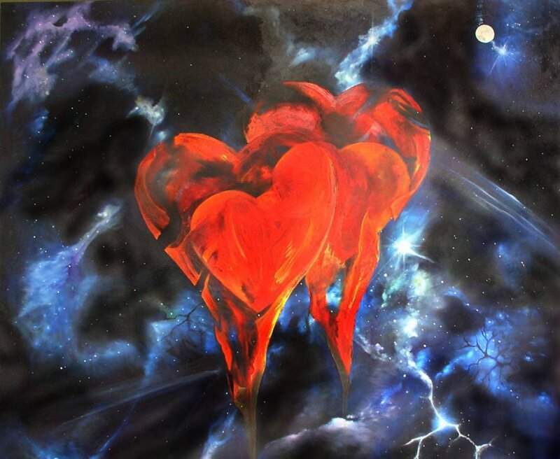 Red hearts in a starry sky