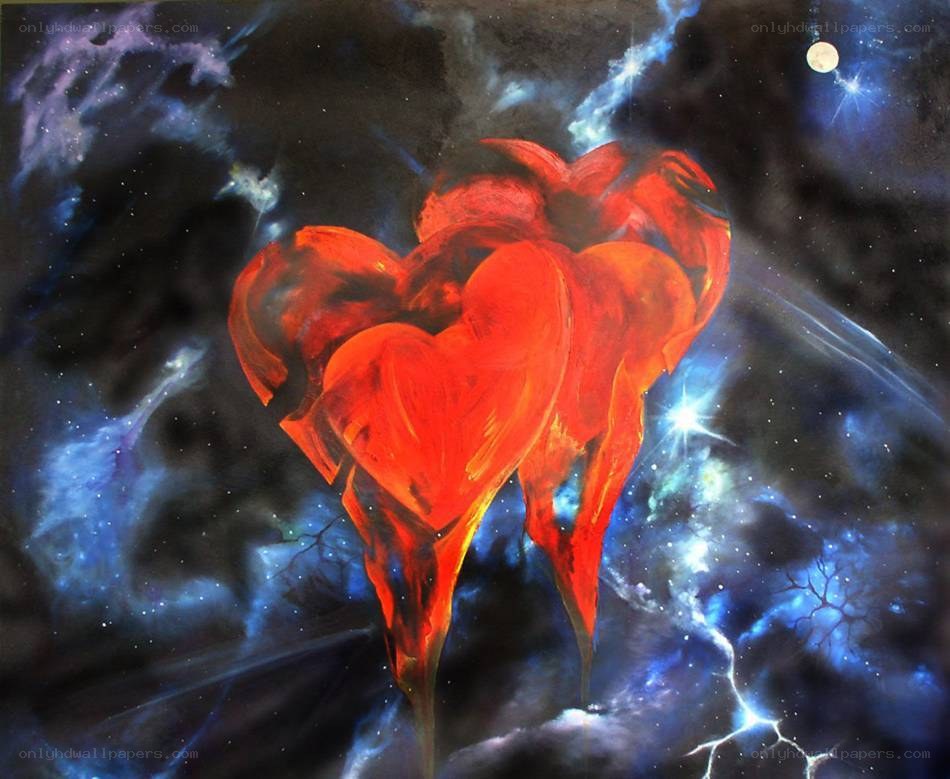 Red hearts in a starry sky