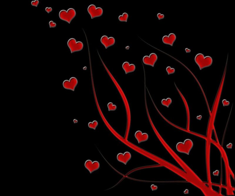 Red Hearts on Black — Romantic, Digital Art, Branches