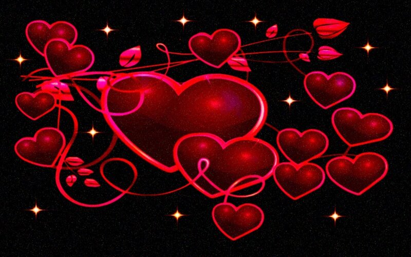 Red Hearts on Black — Romantic, Night, Digital Art