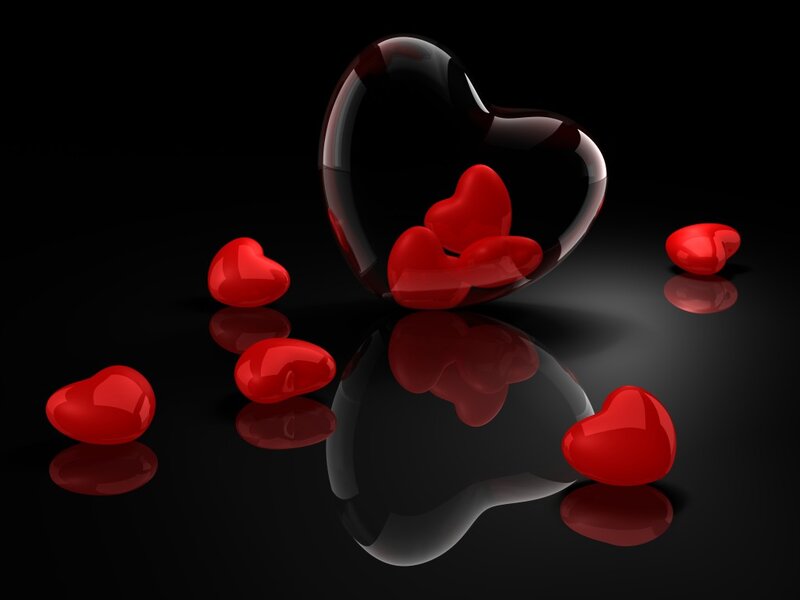 Red Hearts on Black Surface — Dramatic, 3d Render, Heart, Reflection, Black Background
