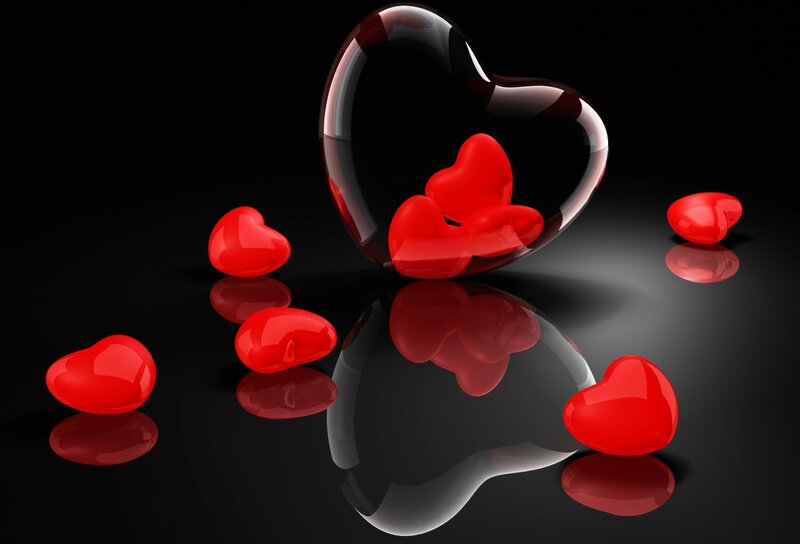 Red Hearts on Black Surface — Dramatic, 3d Render, Heart, Reflection