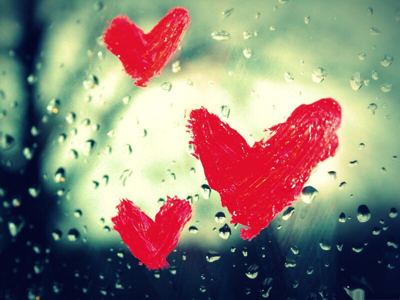 Red Hearts on Glass — Romantic, Photograph, Raindrops