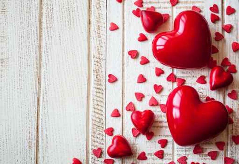 Red Hearts on Wood — Romantic, Photograph