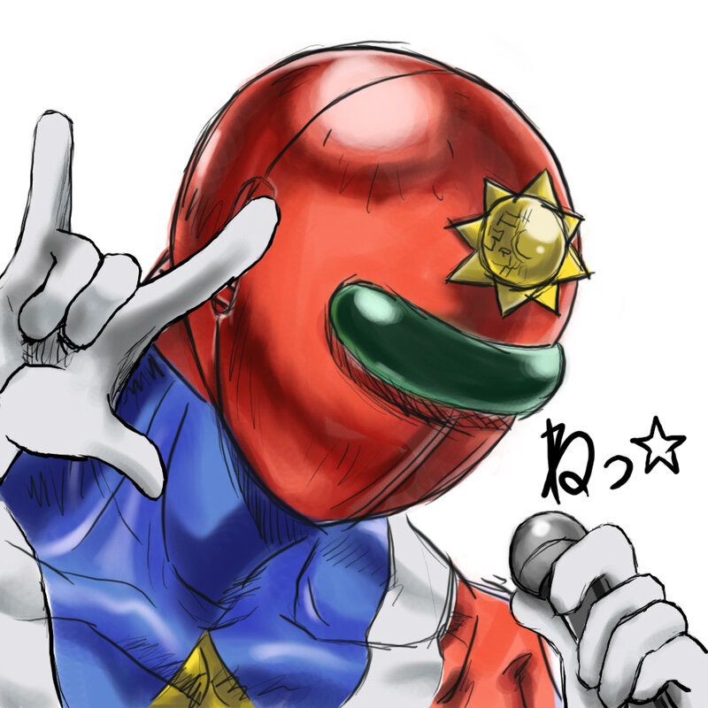 red helmet character with microphone