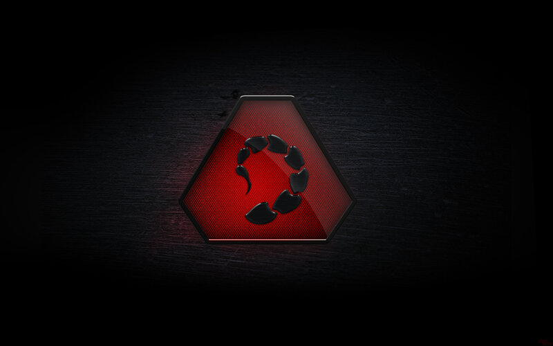 Red hexagon logo on dark background