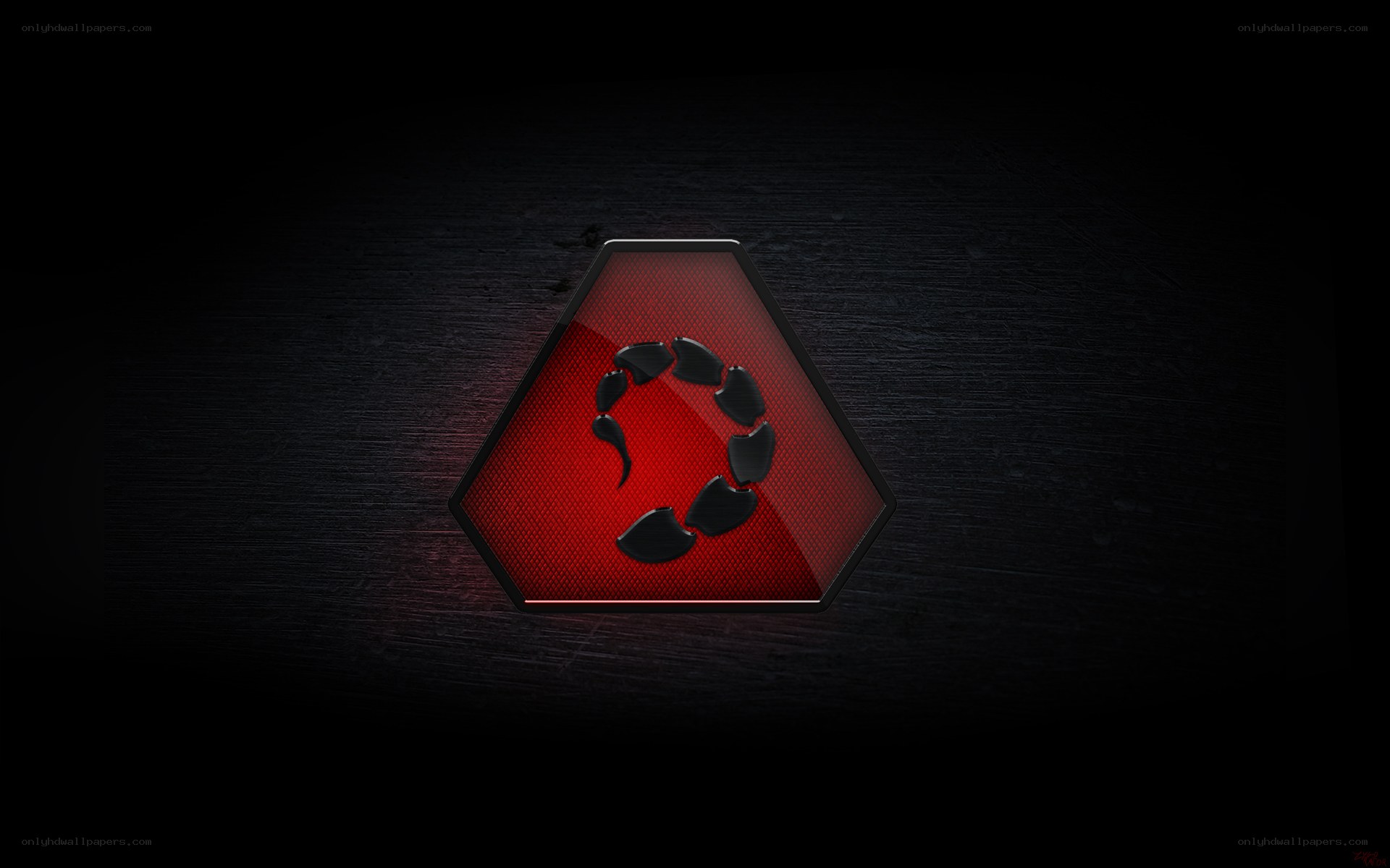 Red hexagon logo on dark background