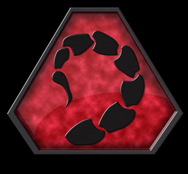 red hexagonal emblem with black claw marks