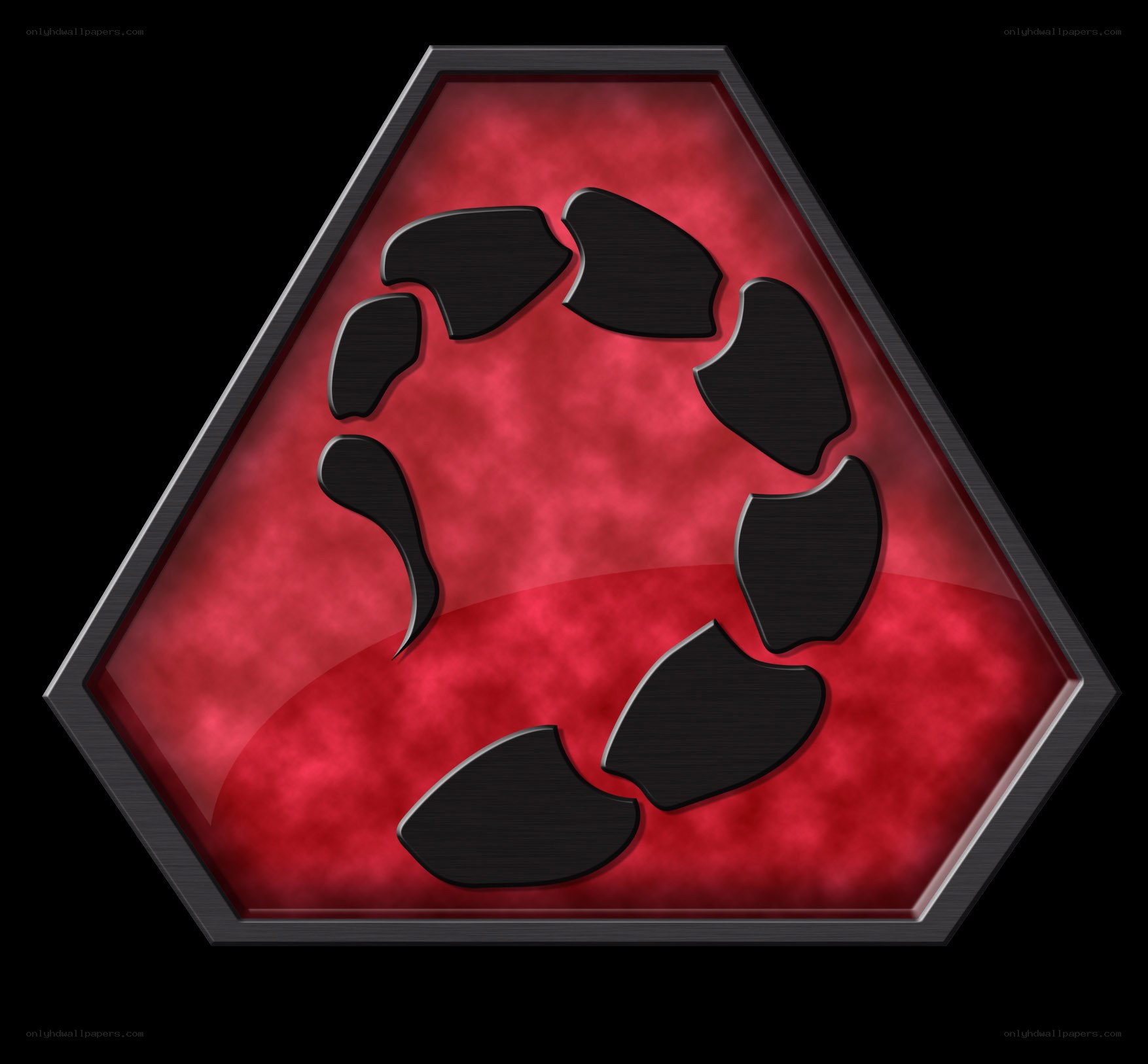 red hexagonal emblem with black claw marks