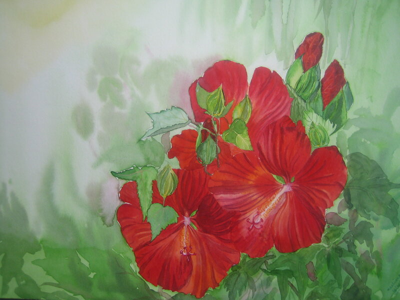Red Hibiscus Flowers — Calm, Painting