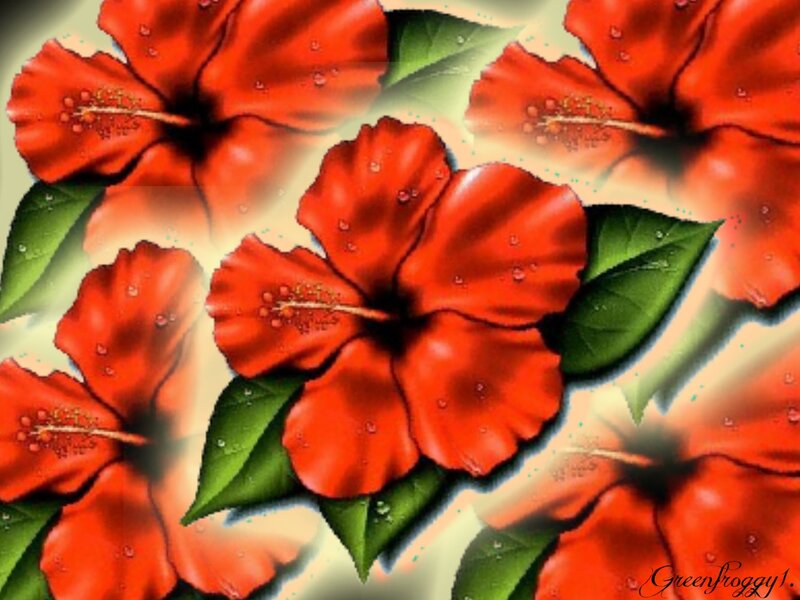 Red Hibiscus Flowers — Vibrant, Digital Art