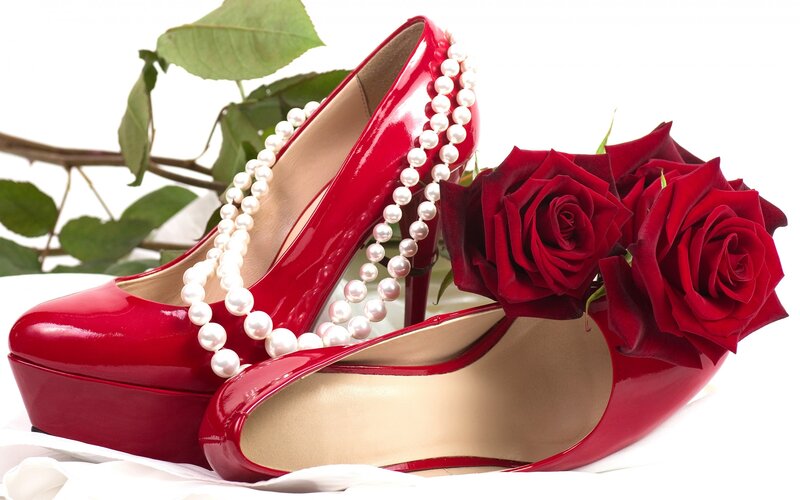 Red High-heeled Shoes — Elegant, Photograph, Pearls, Roses