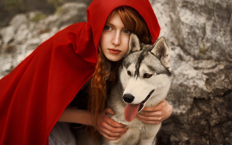 Red-hooded Girl with Husky