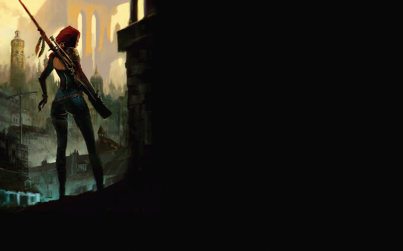 Red-hooded warrior overlooking city
