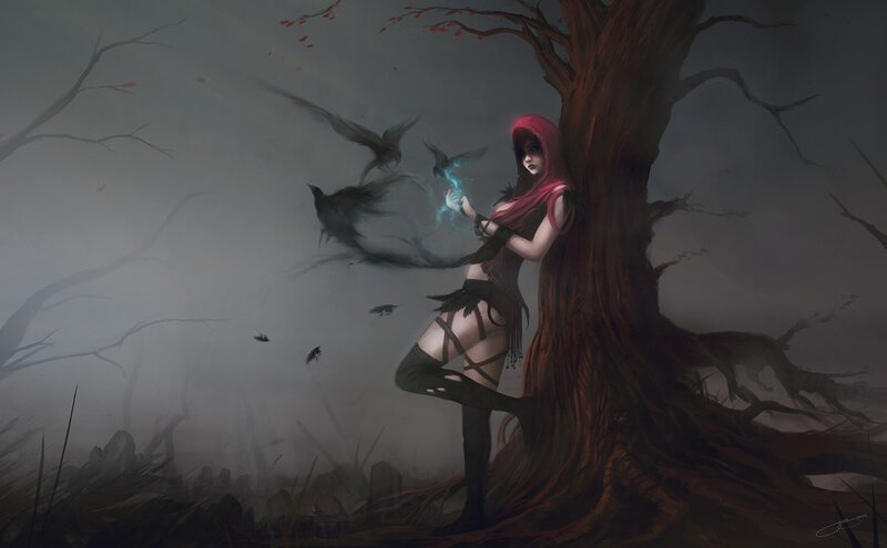 Red-hooded witch with crows