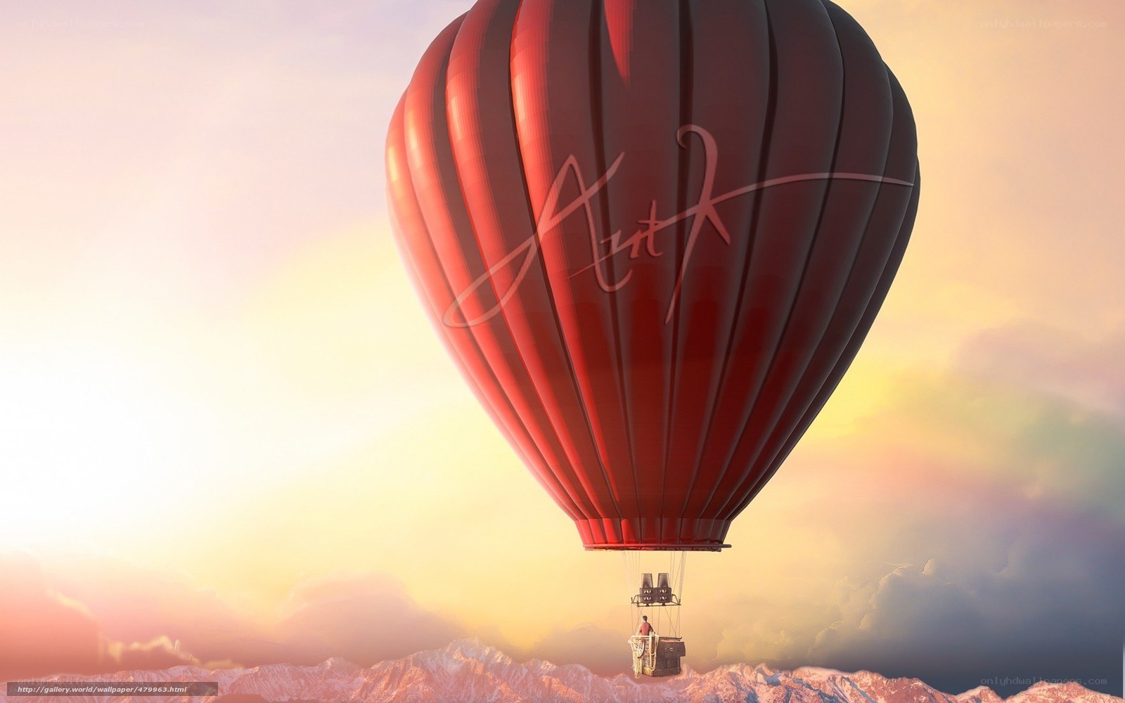 Red hot air balloon at sunset