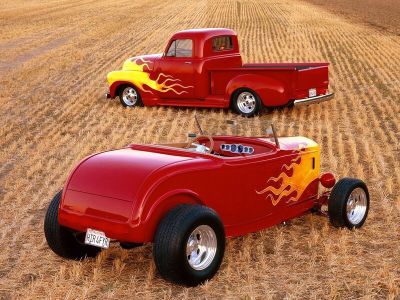 Red hot rod and vintage truck