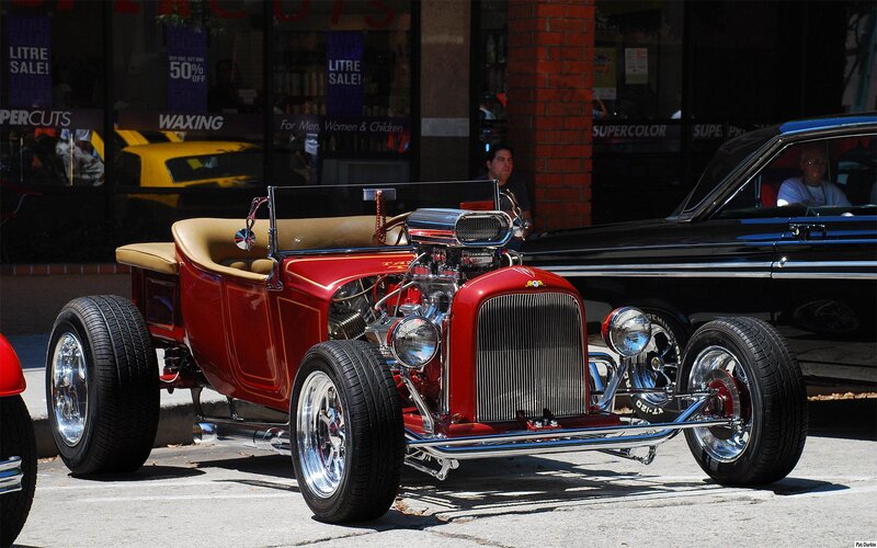 Red Hot Rod Car — Bright, Afternoon, Photograph, Black Classic Car