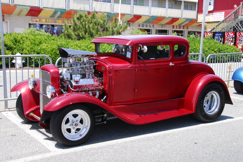 Red Hot Rod Car — Bright, Afternoon, Photograph, Car Show