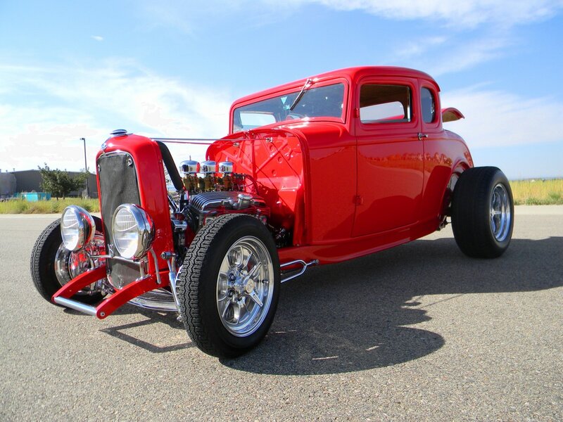 Red Hot Rod Car — Bright, Afternoon, Photograph, Engine
