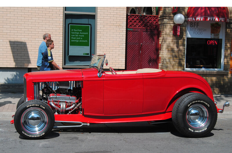 Red Hot Rod Car — Bright, Afternoon, Photograph, People Walking