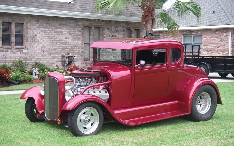 Red Hot Rod Car — Calm, Afternoon, Photograph, Brick House