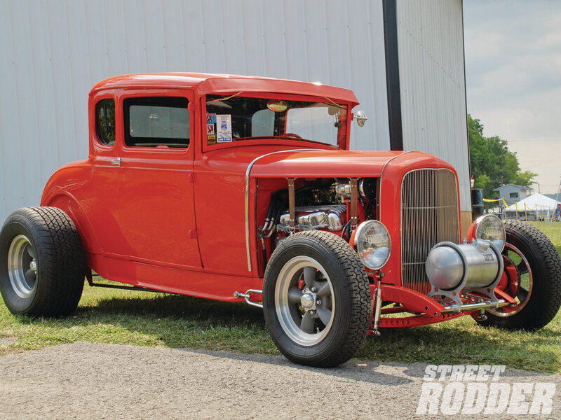 Red Hot Rod Car — Calm, Afternoon, Photograph, Building