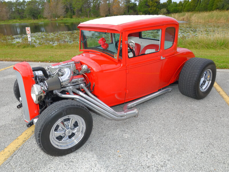 Red Hot Rod Car — Calm, Afternoon, Photograph, Pond