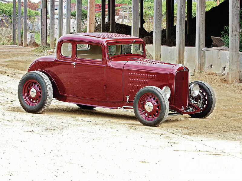 Red Hot Rod Car — Calm, Afternoon, Photograph, Wooden Posts