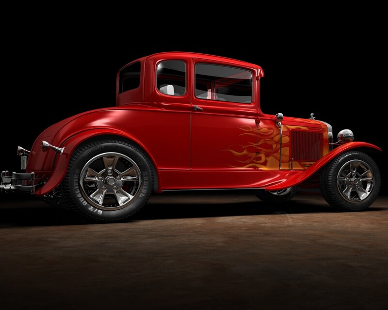 Red Hot Rod Car — Dramatic, 3d Render, Flames, Chrome Wheels, Black Background