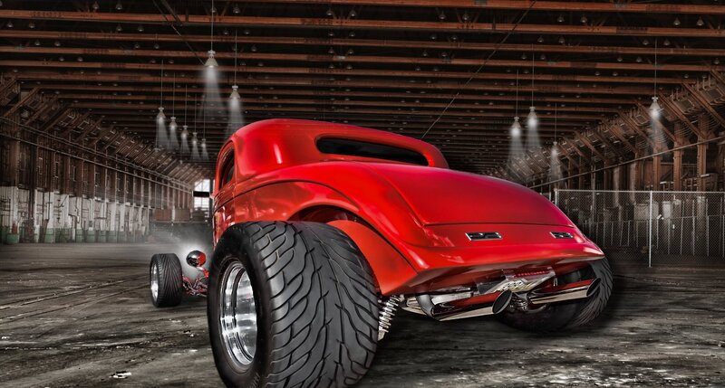 Red Hot Rod Car — Dramatic, 3d Render, Warehouse